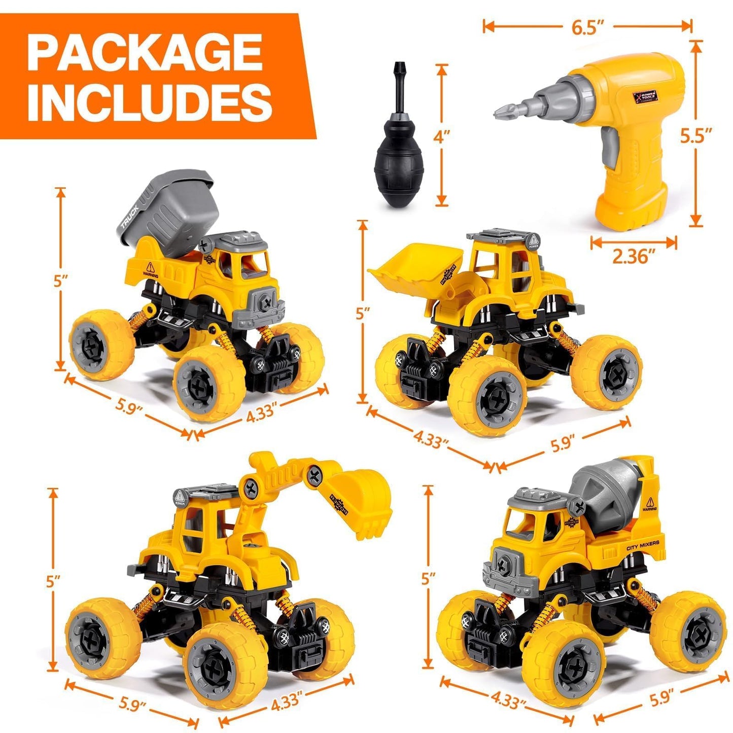 LUDILO 4PCS Take Apart Toys: DIY Construction Trucks with Drill for 3-8 Year Olds