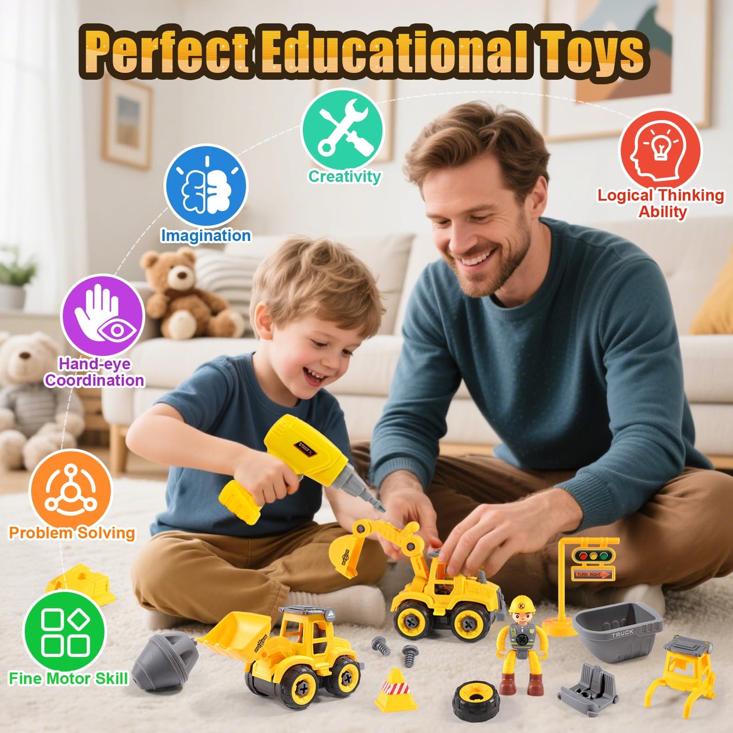 LUDILO Toddler STEM Building Toys – Mini DIY Construction Trucks for 3-5 Year Olds