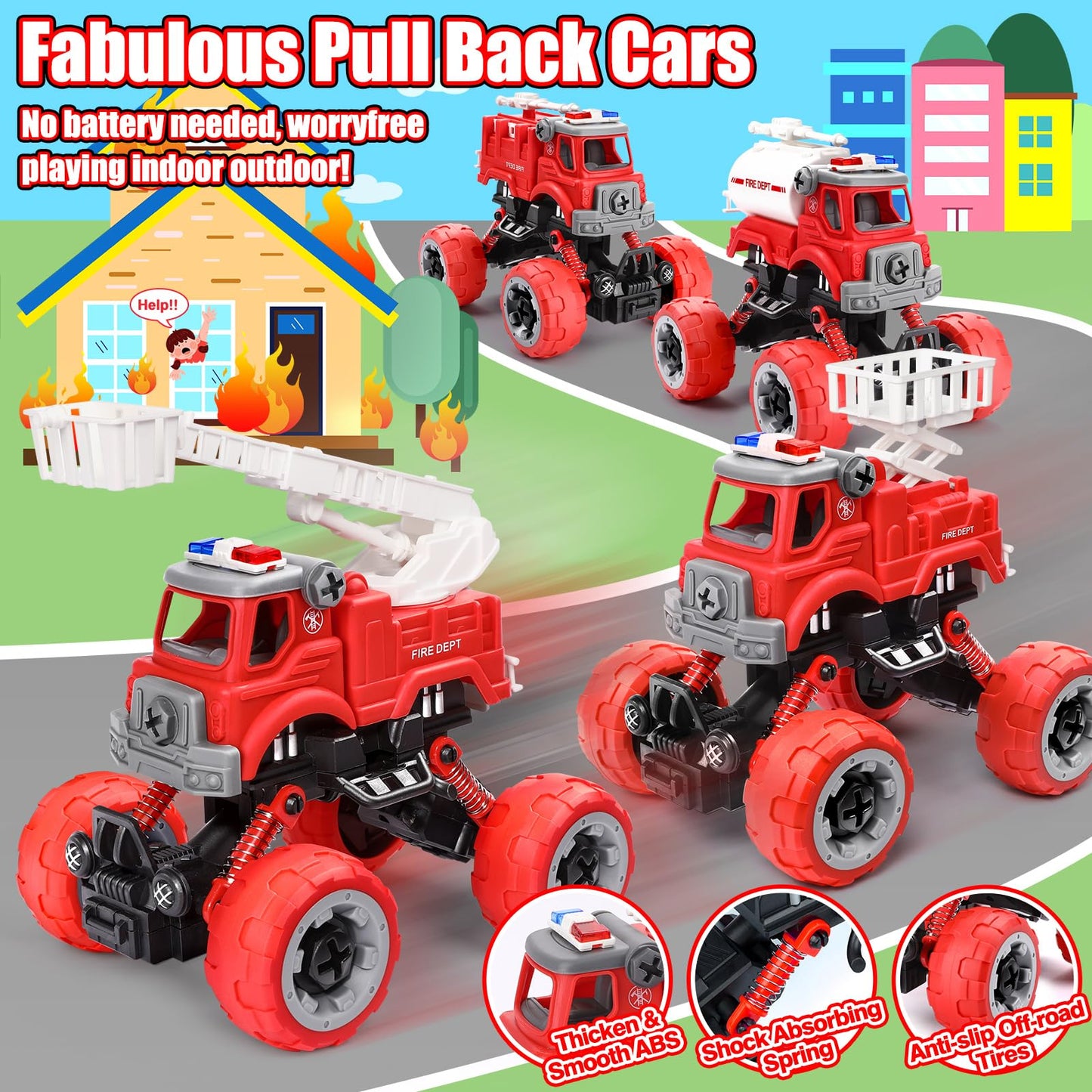 LUDILO 4Pcs Fire Truck Toys – Take Apart Set with Drill for 3-6 Year Olds