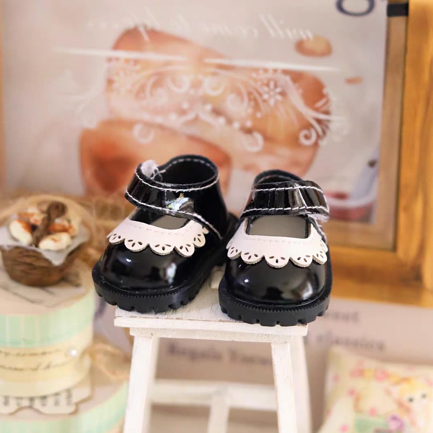 Lukax 1 Pair Cute Shoes for 15–17cm Dolls – Black PU Leather Princess Shoes