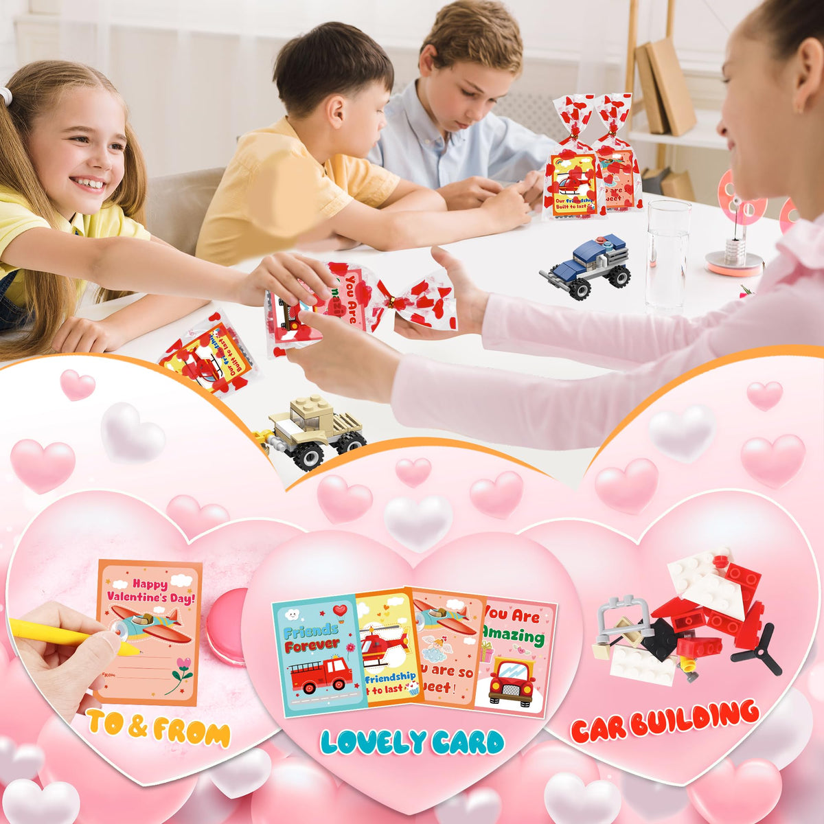 Lukfuu 24-Pack Valentines Day Gifts for Kids – Car Building Blocks & Cards