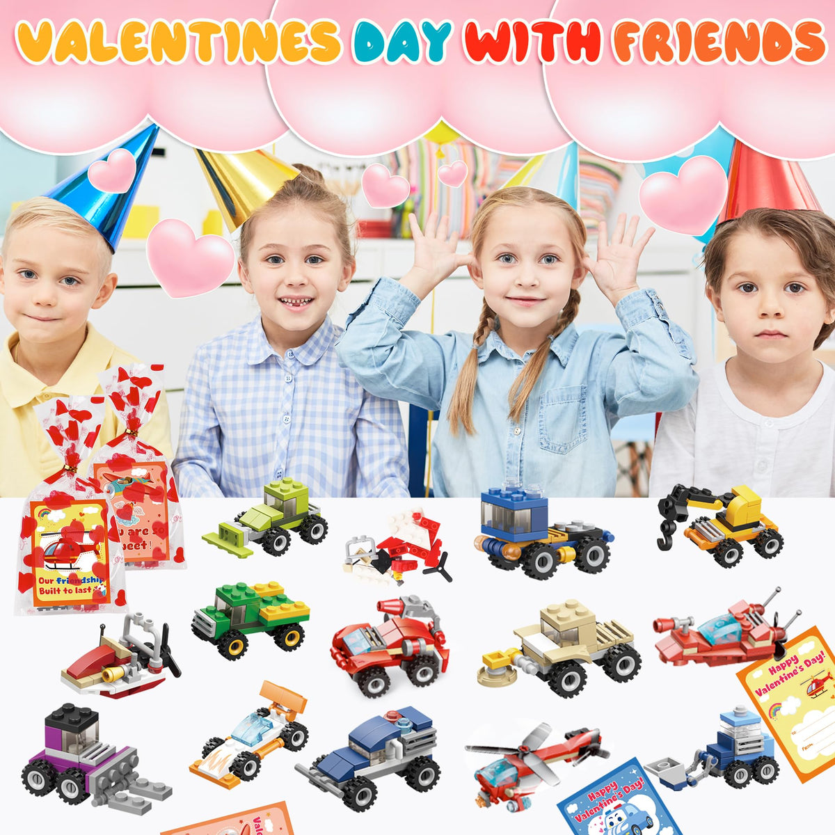 Lukfuu 24-Pack Valentines Day Gifts for Kids – Car Building Blocks & Cards