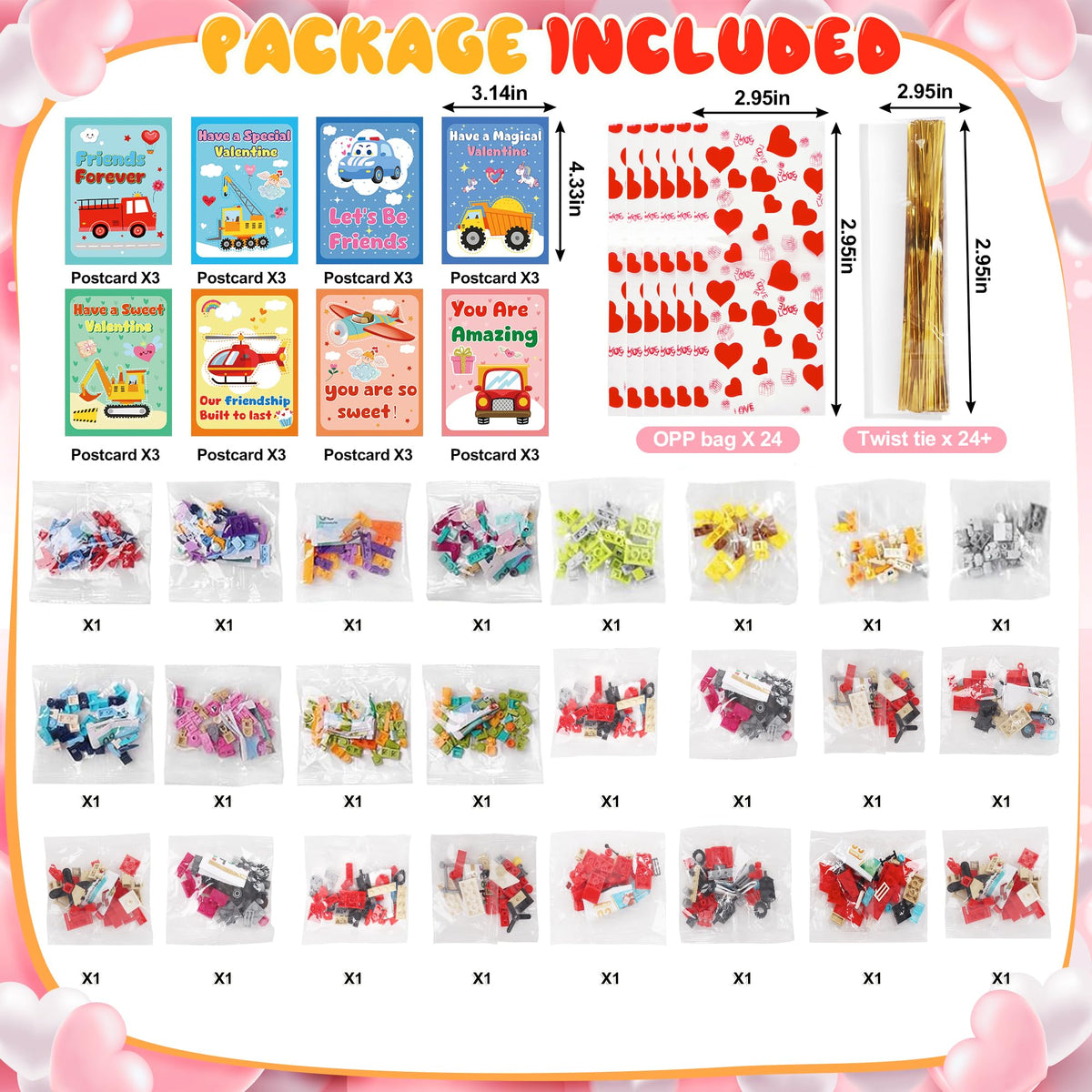 Lukfuu 24-Pack Valentines Day Gifts for Kids – Car Building Blocks & Cards