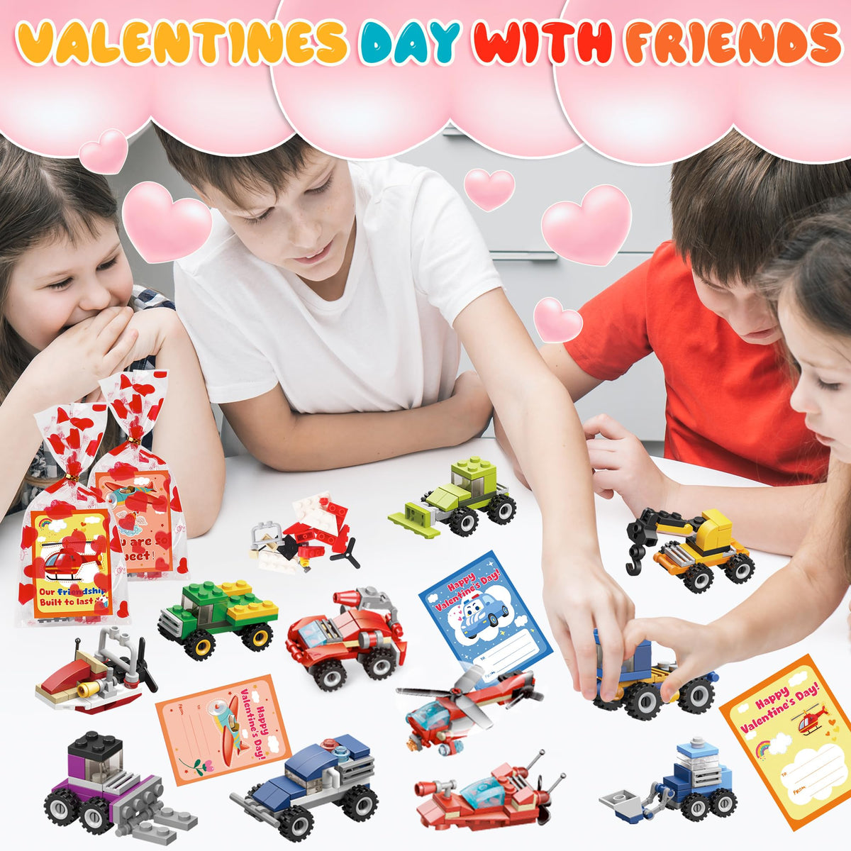 Lukfuu 24-Pack Valentines Day Gifts for Kids – Car Building Blocks & Cards