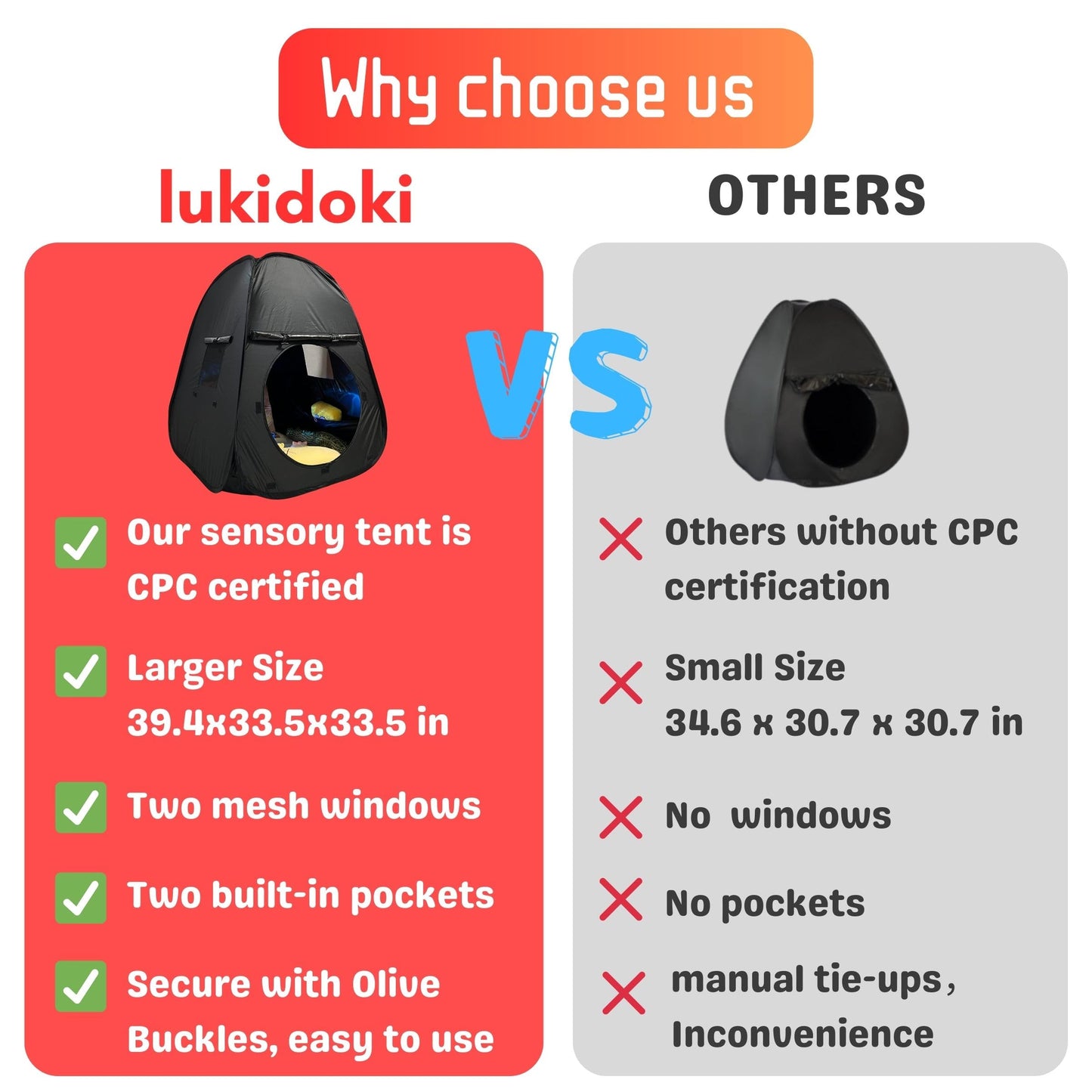 lukidoki Sensory Tent – Extra Large 39x33 in, CPC Certified, Pop-Up Blackout