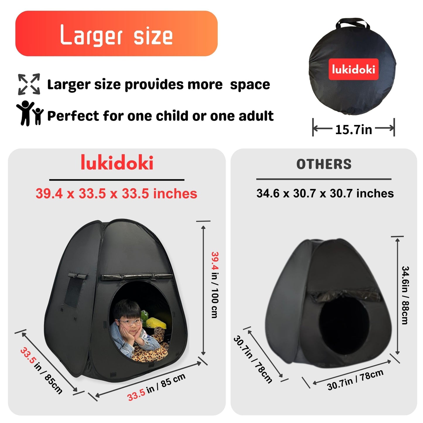lukidoki Sensory Tent – Extra Large 39x33 in, CPC Certified, Pop-Up Blackout