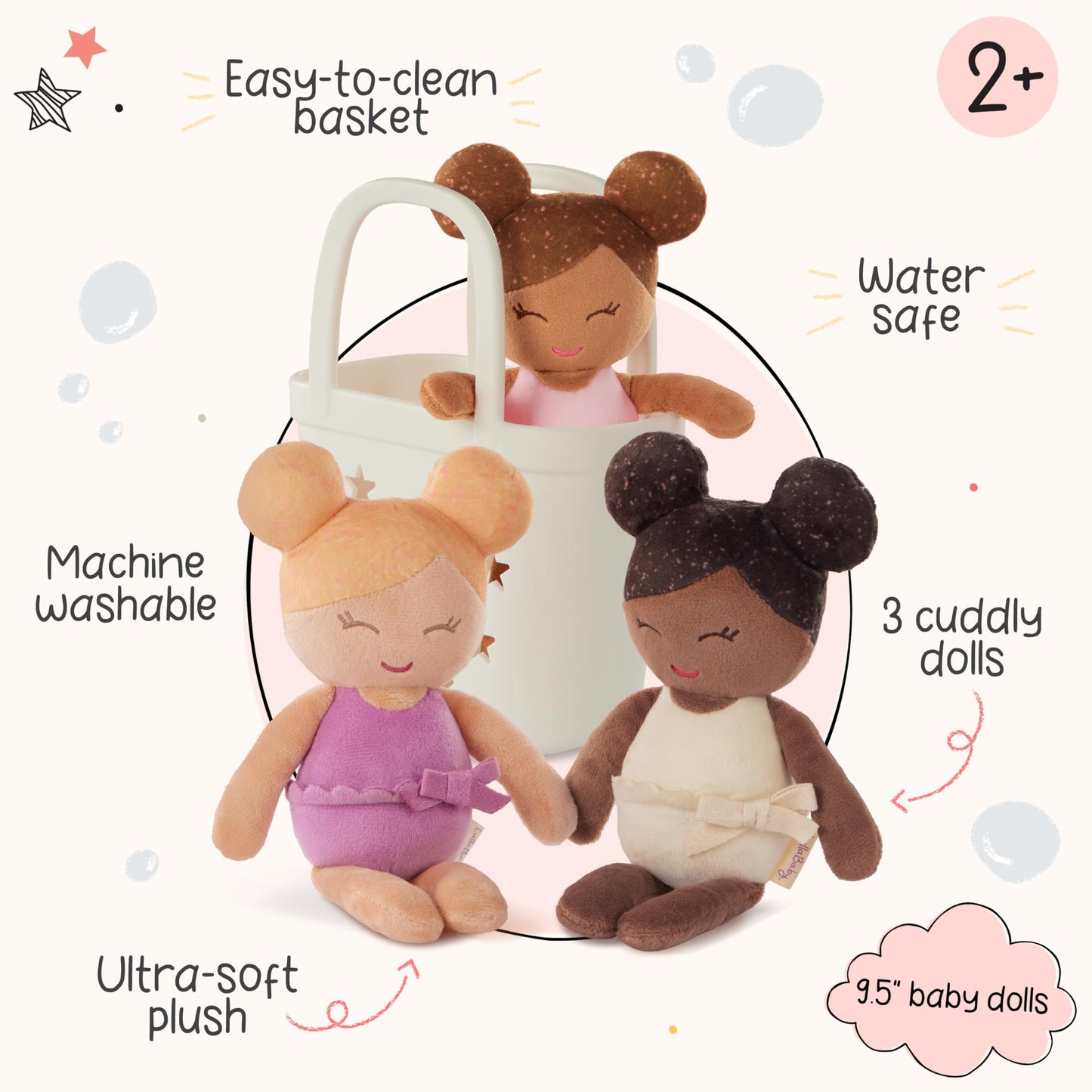 LullaBaby – 3-Piece Soft Plush Bath Dolls with Carrying Basket for Real Water Play