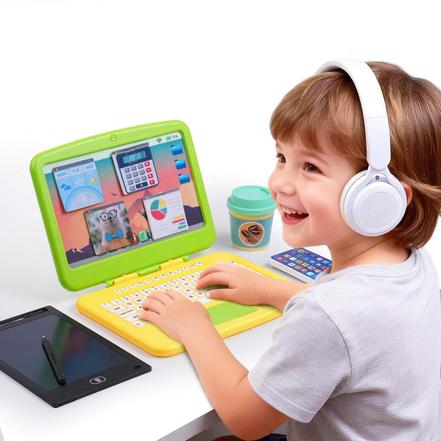 Lullulii Kids Pretend Play Home Office Set – Toddler Laptop, Phone & Desk Accessories