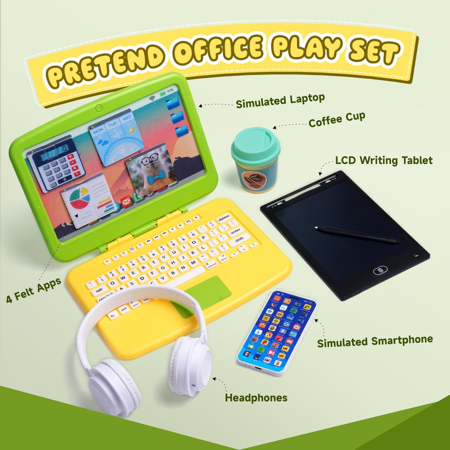 Lullulii Kids Pretend Play Home Office Set – Toddler Laptop, Phone & Desk Accessories