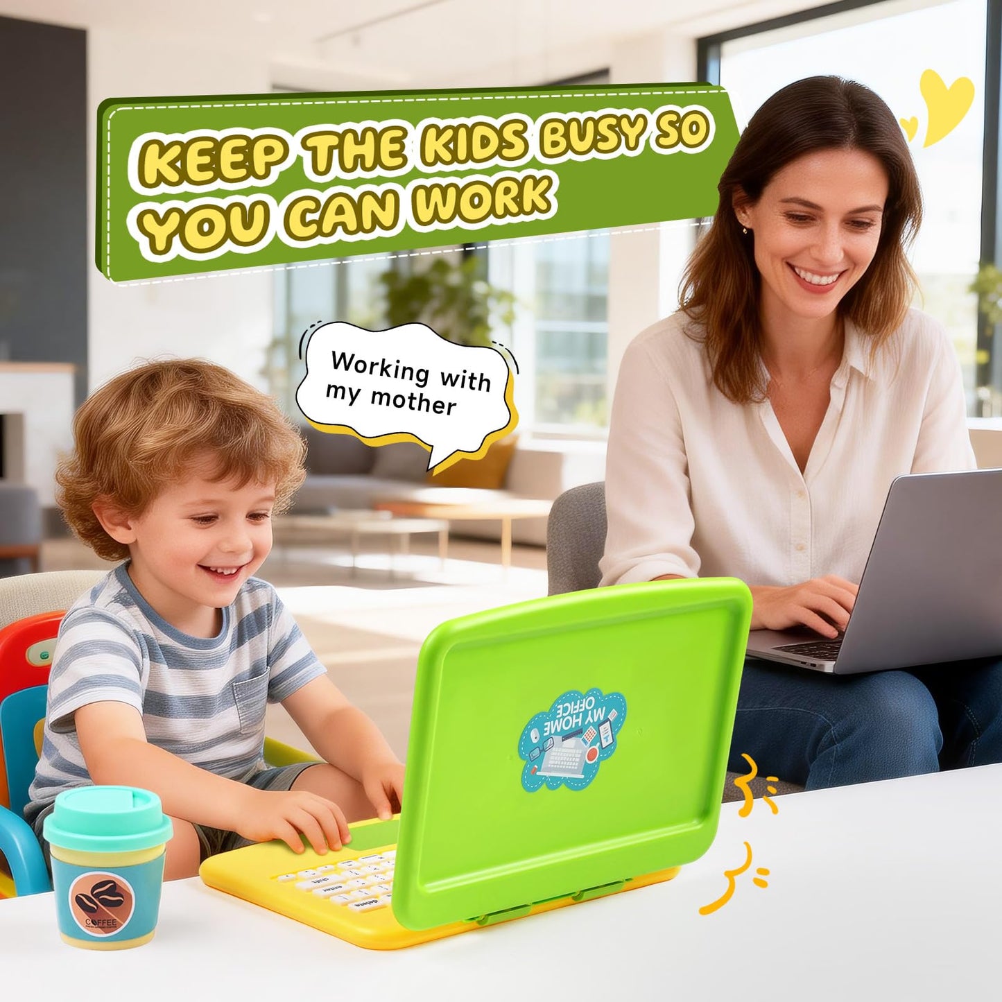 Lullulii Kids Pretend Play Home Office Set – Toddler Laptop, Phone & Desk Accessories