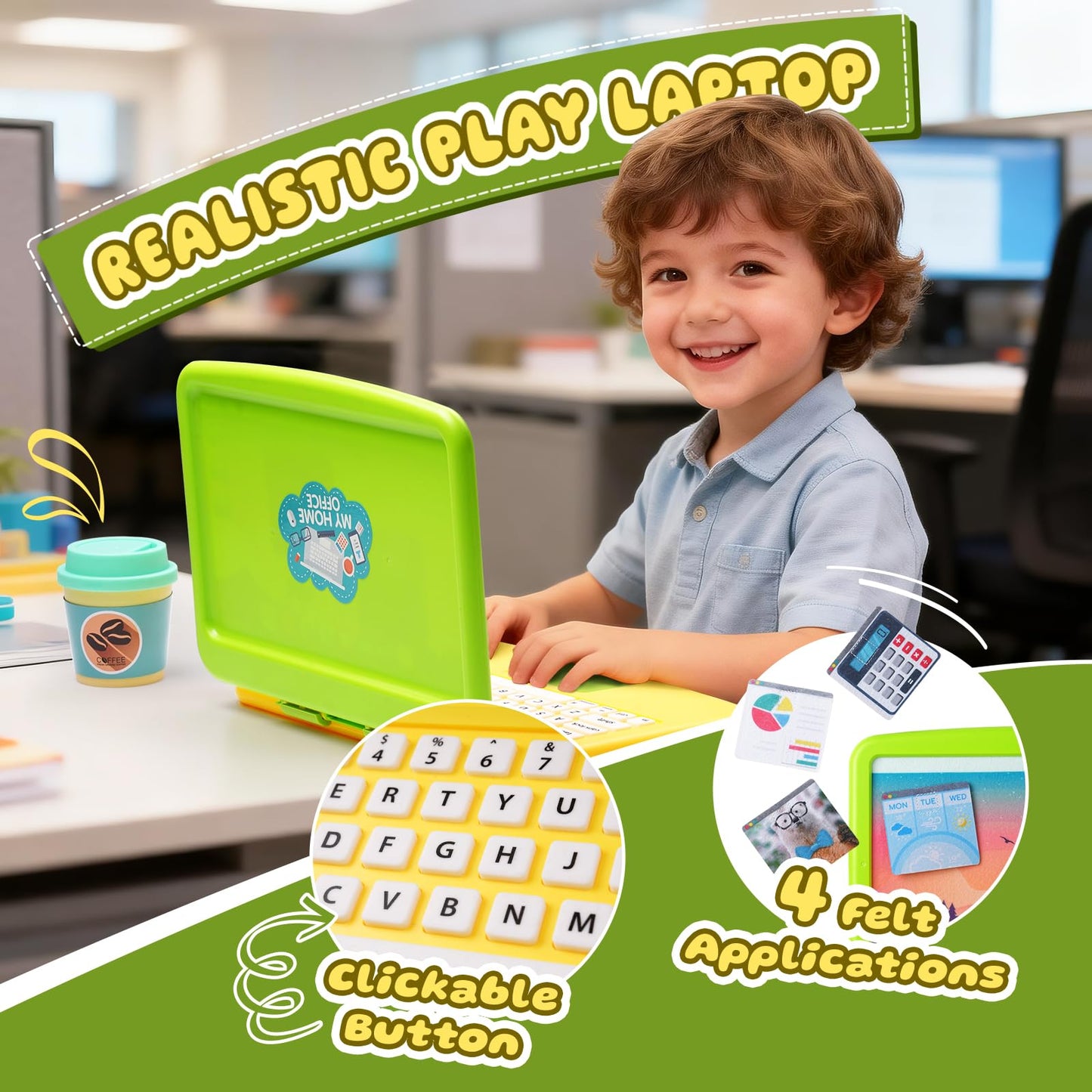 Lullulii Kids Pretend Play Home Office Set – Toddler Laptop, Phone & Desk Accessories