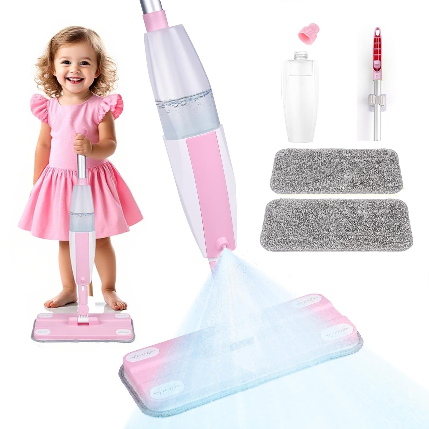 Lullulii Kids Spray Mop – Real Working Toddler Cleaning Set for Floors | Pink
