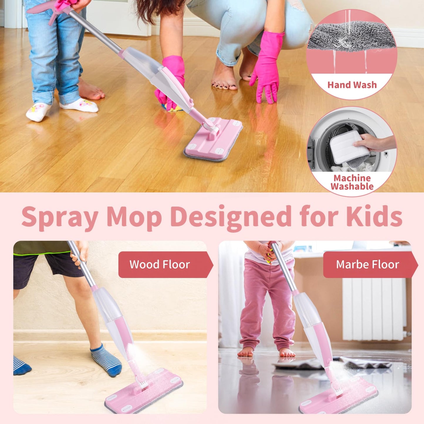 Lullulii Kids Spray Mop – Real Working Toddler Cleaning Set for Floors | Pink