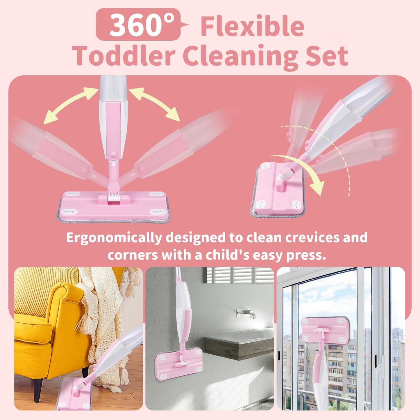 Lullulii Kids Spray Mop – Real Working Toddler Cleaning Set for Floors | Pink