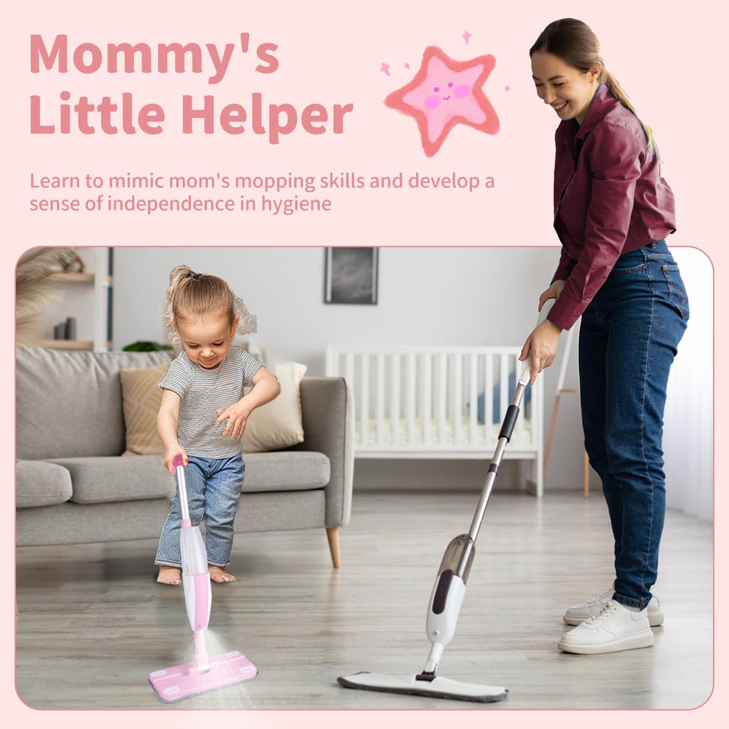 Lullulii Kids Spray Mop – Real Working Toddler Cleaning Set for Floors | Pink