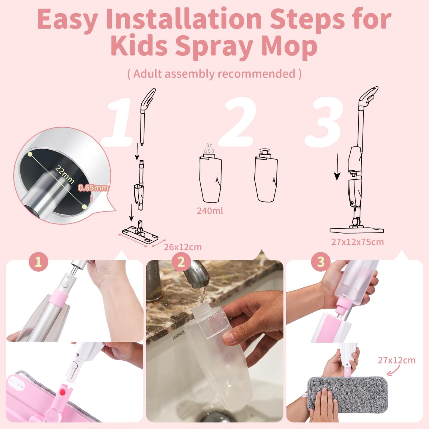 Lullulii Kids Spray Mop – Real Working Toddler Cleaning Set for Floors | Pink