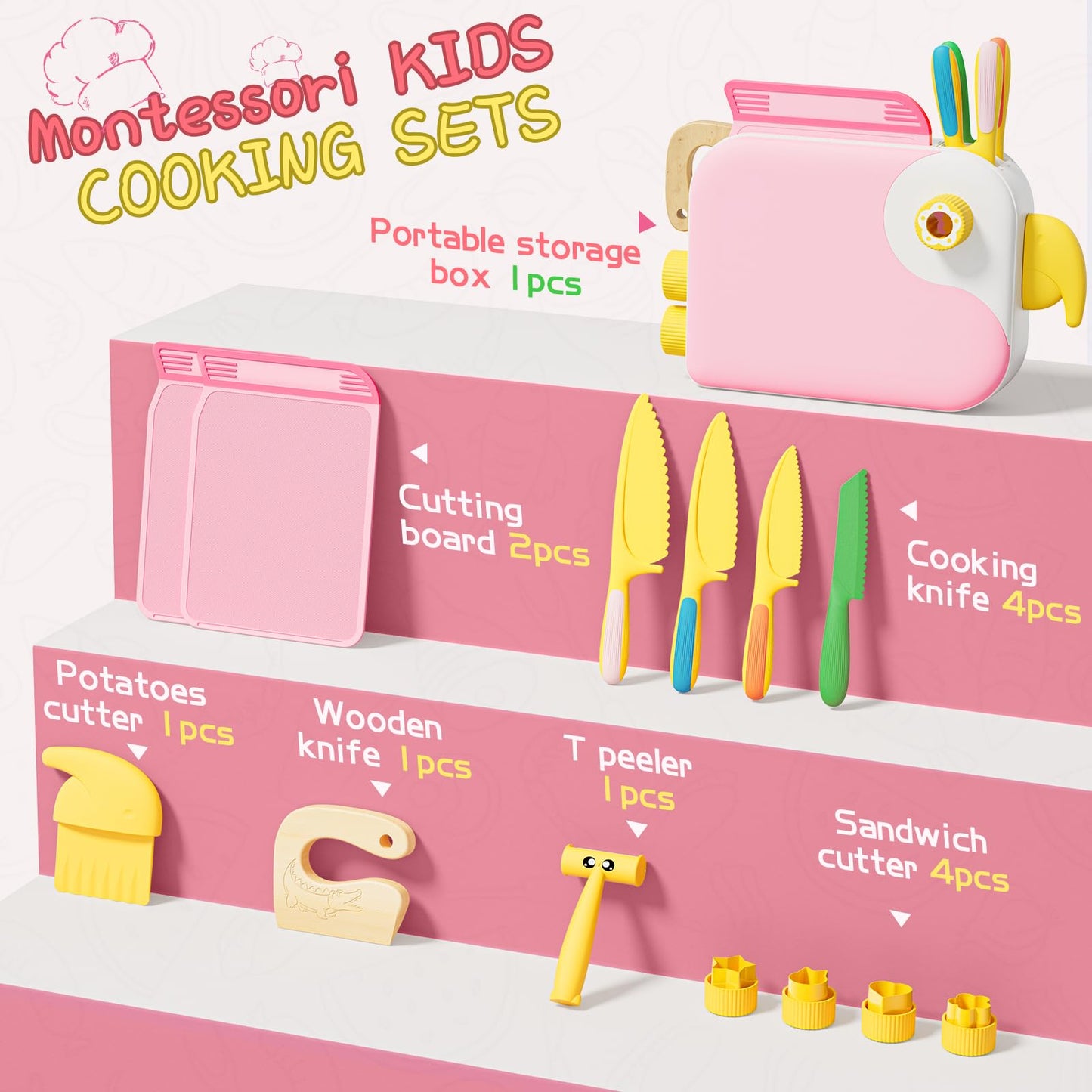 Lullulii Montessori Kitchen Tools for Toddlers – Safe Real-Cooking Knife Set with Storage Box