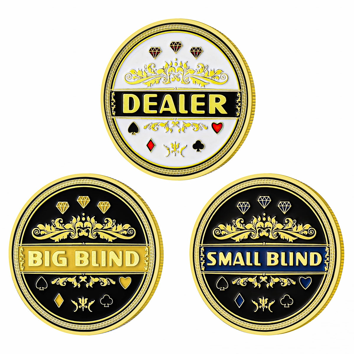 LuluCircle Poker Position Markers – 3-Piece Dealer, Small Blind, Big Blind Buttons with Gold-Gilded Iron