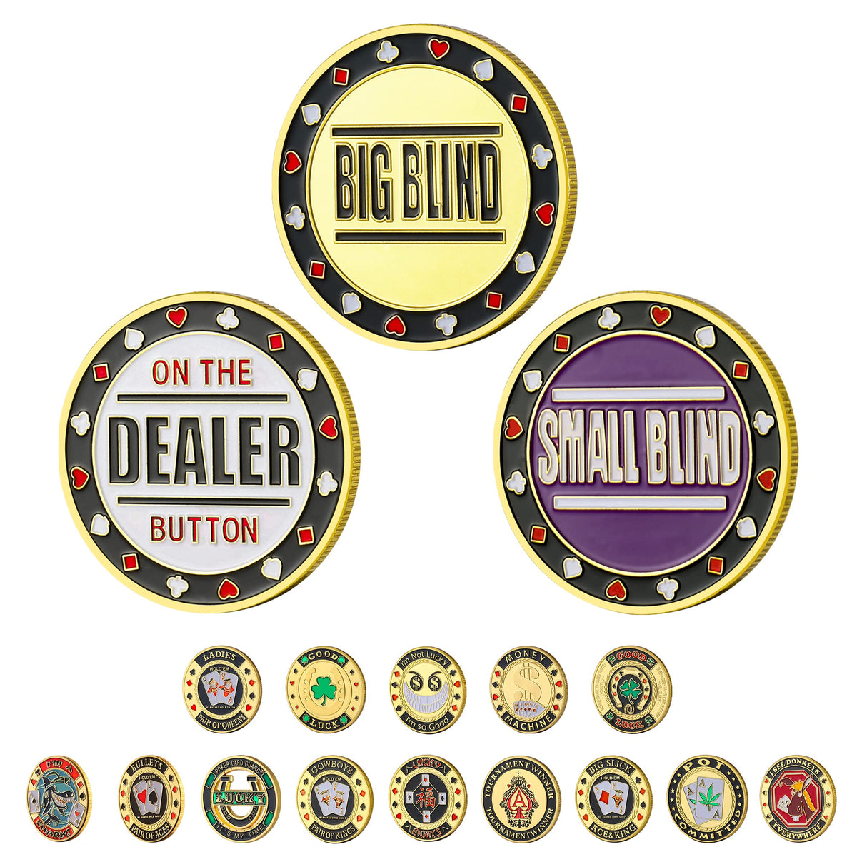 LuluCircle Poker Position Markers & Gilded Iron Guards – 3-Piece Set + Chip Bag Bonus
