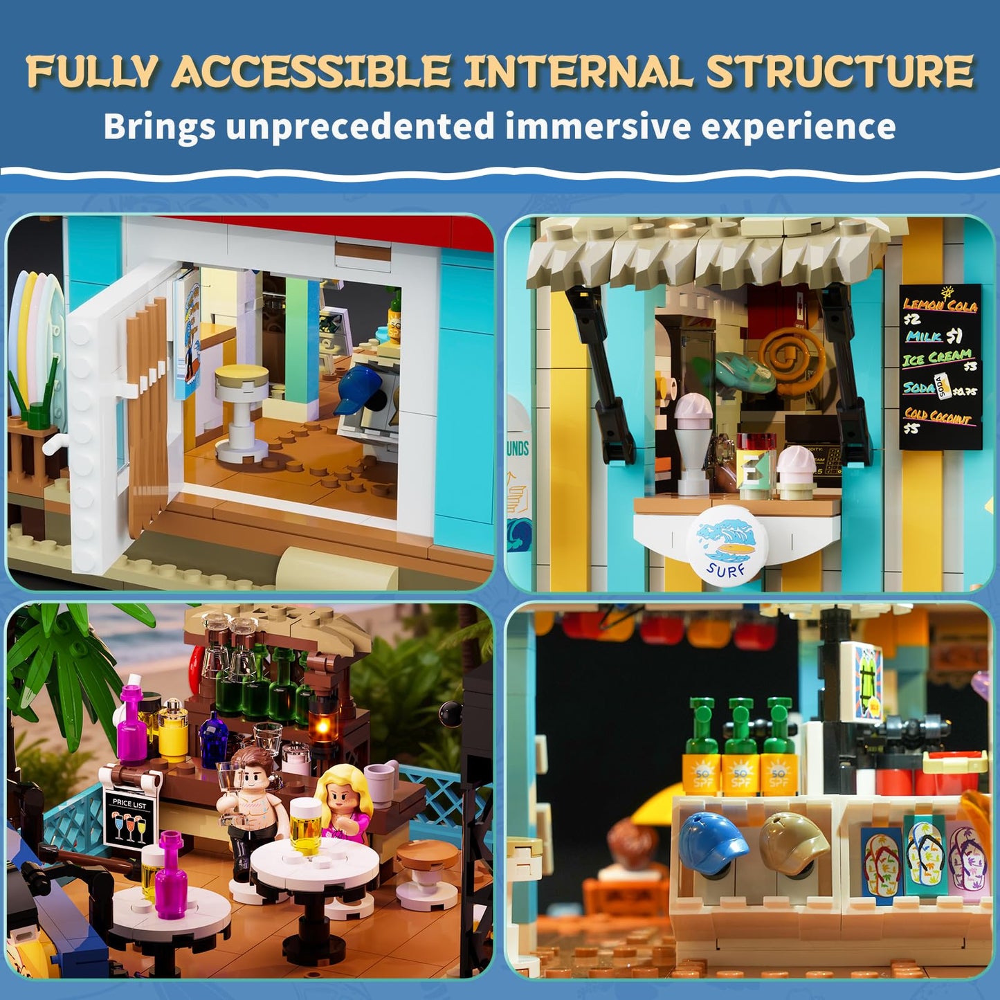 Lumibricks Surf Shop Lighting Building Bricks Set – Coast Club Modular Collection with LED and Minifigures (1752 Pcs)