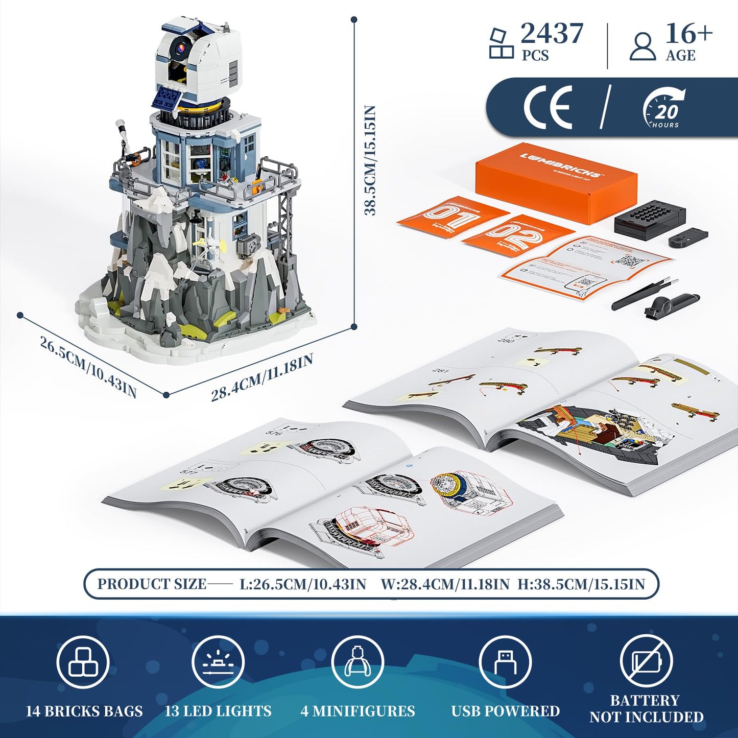 Lumibricks Alpine Observatory Lighting Set with Galaxy Projector – 2,437 Pcs Space Themed Building Bricks