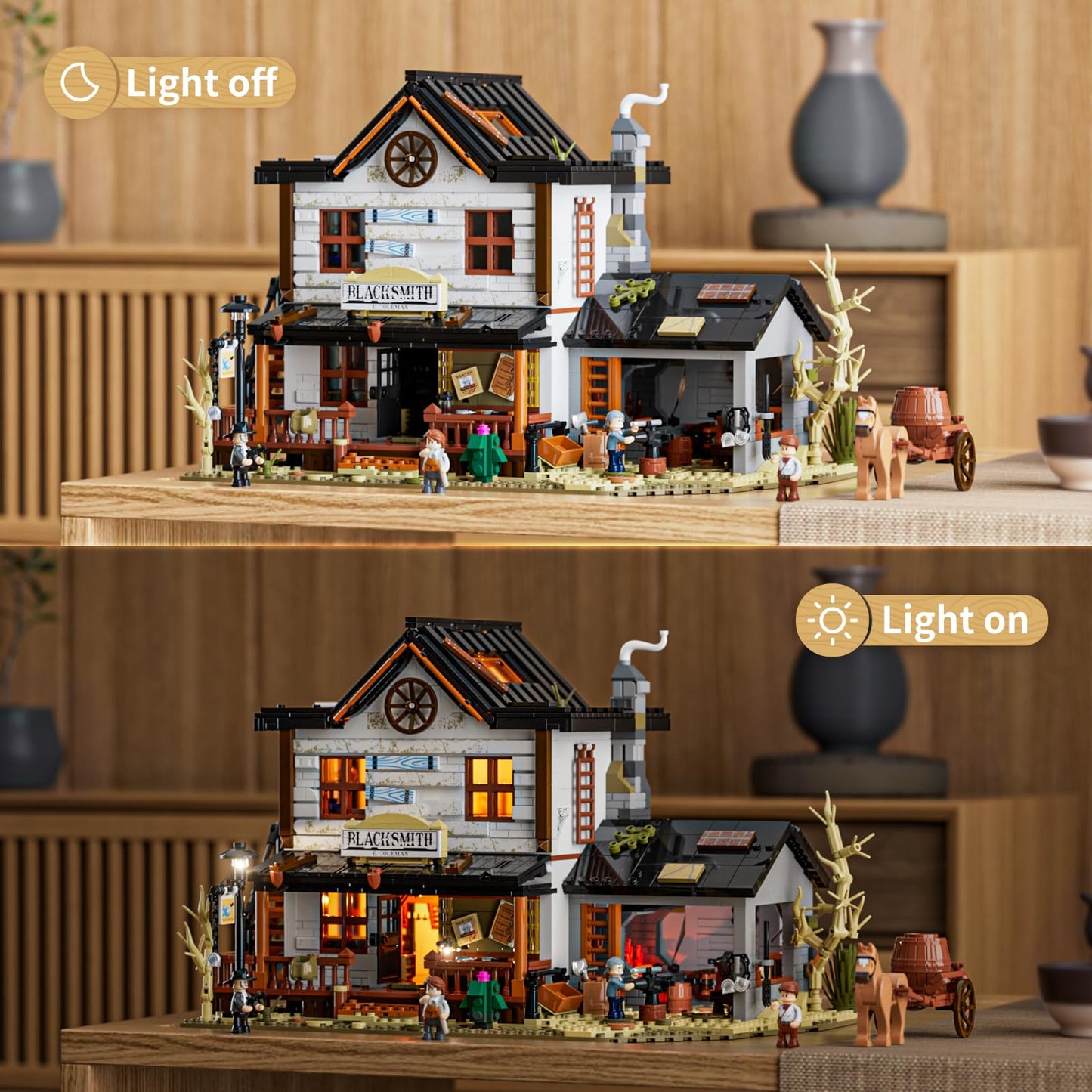 Lumibricks Wild West Blacksmith Lighting Building-Bricks Set – Western Forge House (2042 Pcs)