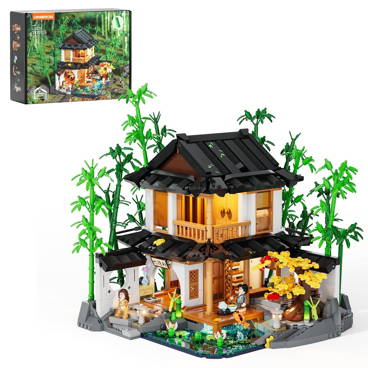 Lumibricks Bamboo-House Lighting Building-Bricks Set | Retro Chinese Cabin & Treehouse LED Kit (2432 pcs)