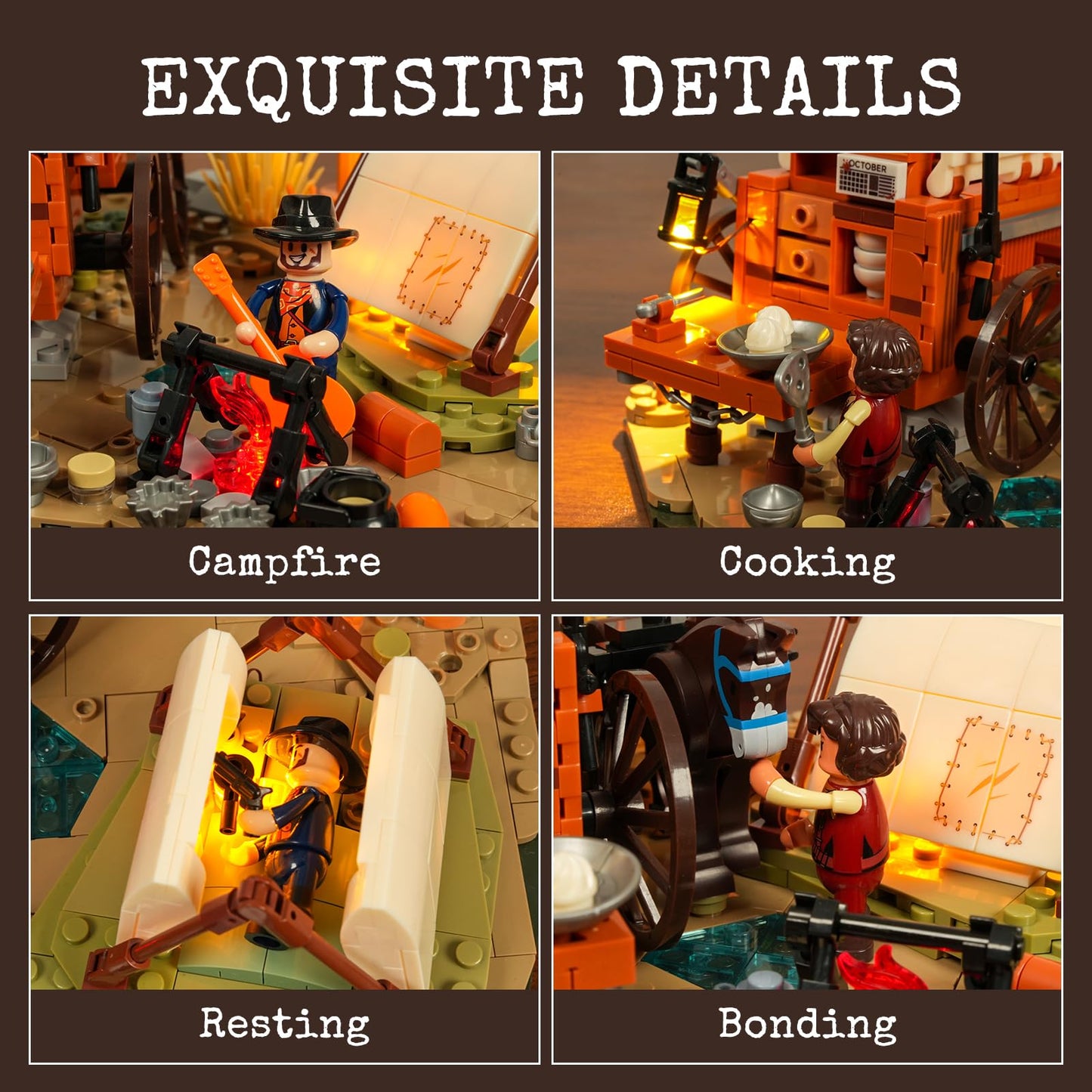 Lumibricks Cowboy Camp Lighting Set – Old West Shelter with Covered Wagon & Horse (542 Pcs)