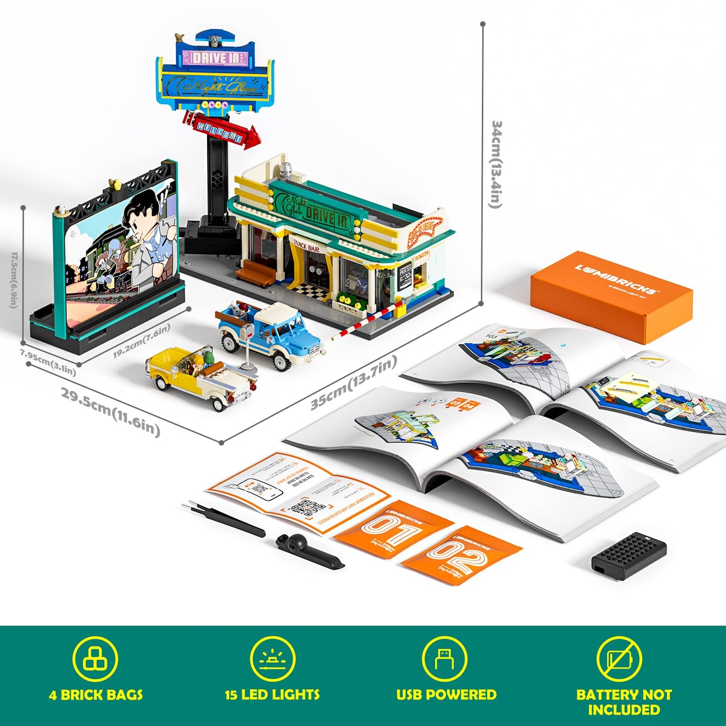 Lumibricks City Drive-in Theater Lighting-Building Set – 1760 Pcs Car Cinema Modular Collection