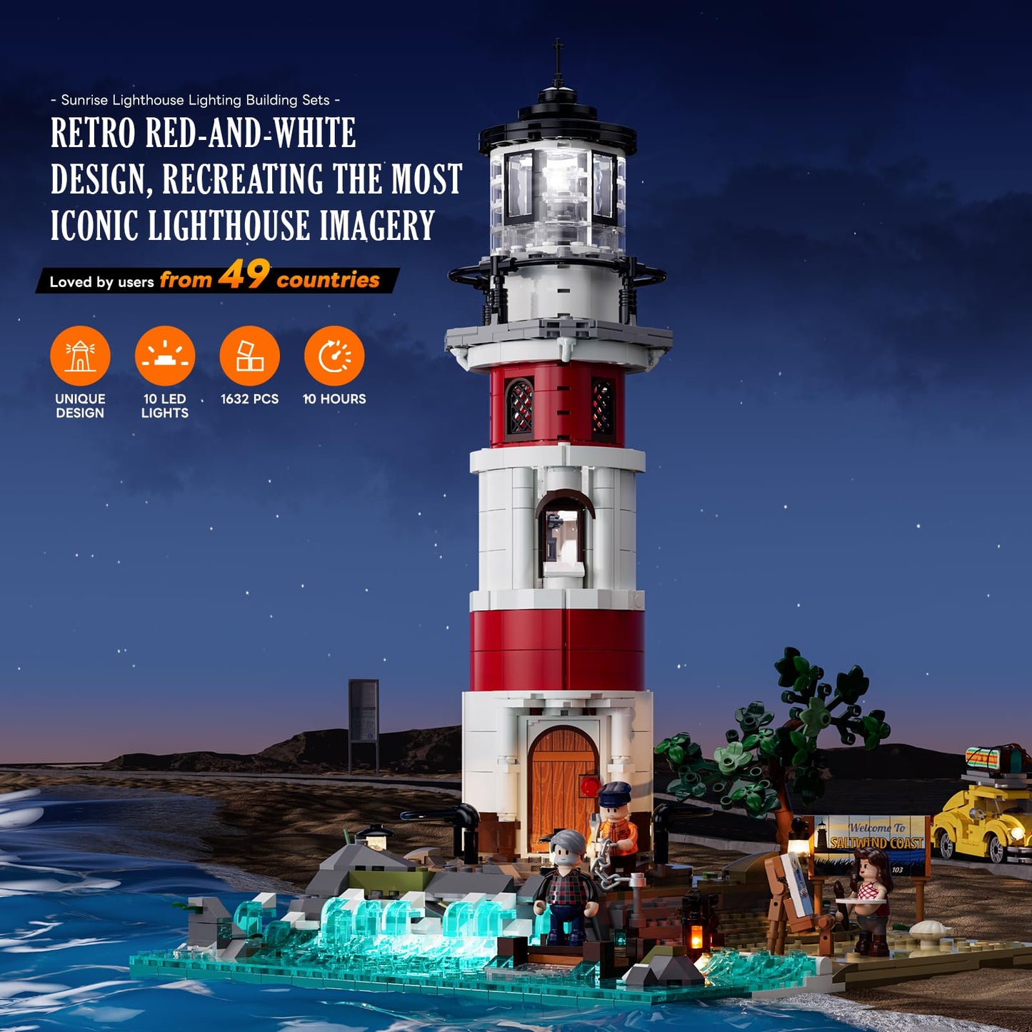 Lumibricks City Sunrise Lighthouse Lighting-Building-Bricks Set – 1632 Pcs Modular Coastal Lighthouse