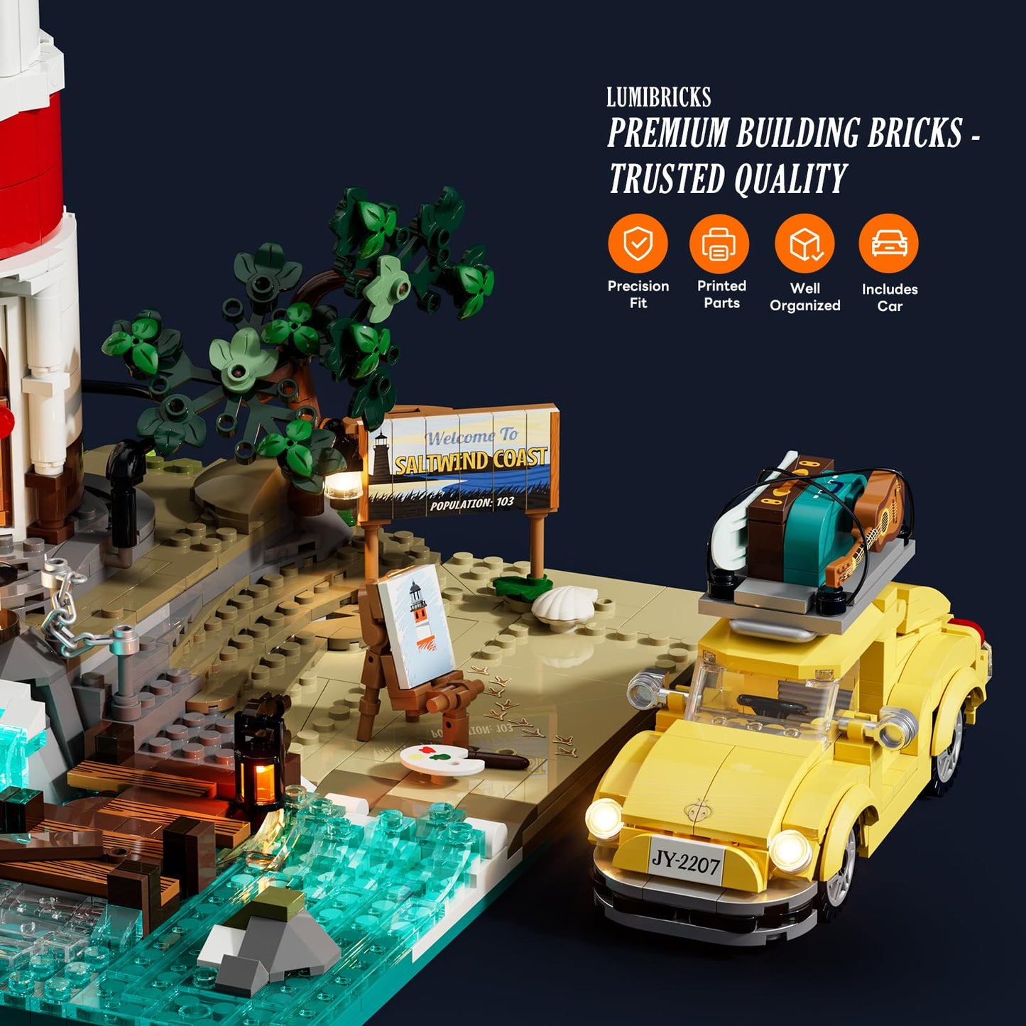 Lumibricks City Sunrise Lighthouse Lighting-Building-Bricks Set – 1632 Pcs Modular Coastal Lighthouse