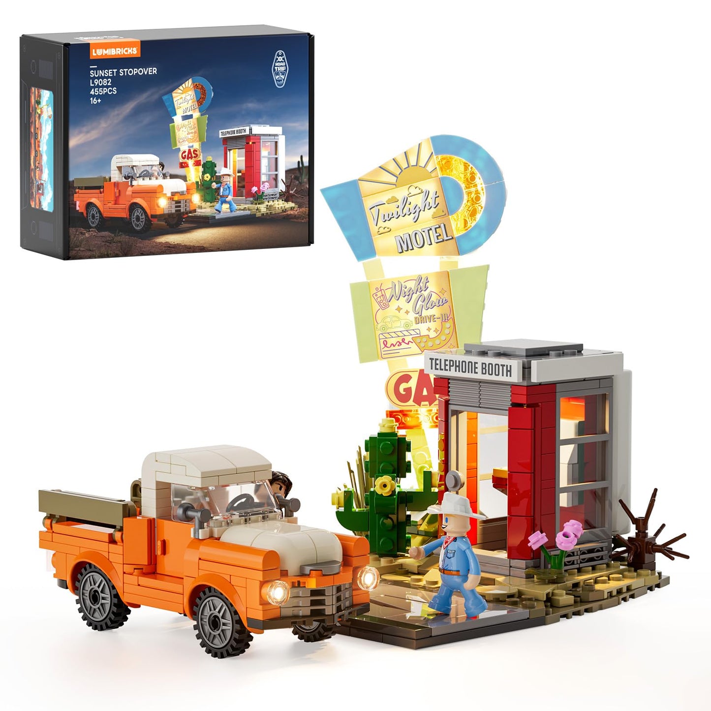 Lumibricks City Sunset-Stopover Lighting-Building Bricks Set – 455 Pcs Road Trip LED Scene