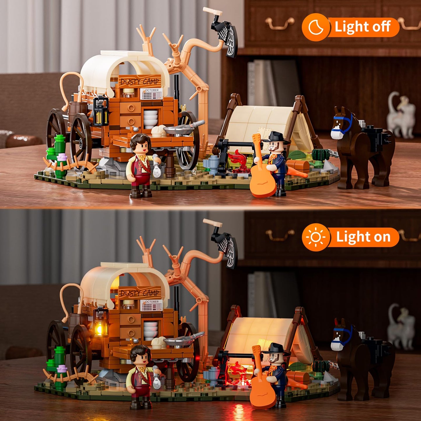 Lumibricks Cowboy Camp Lighting Set – Old West Shelter with Covered Wagon & Horse (542 Pcs)