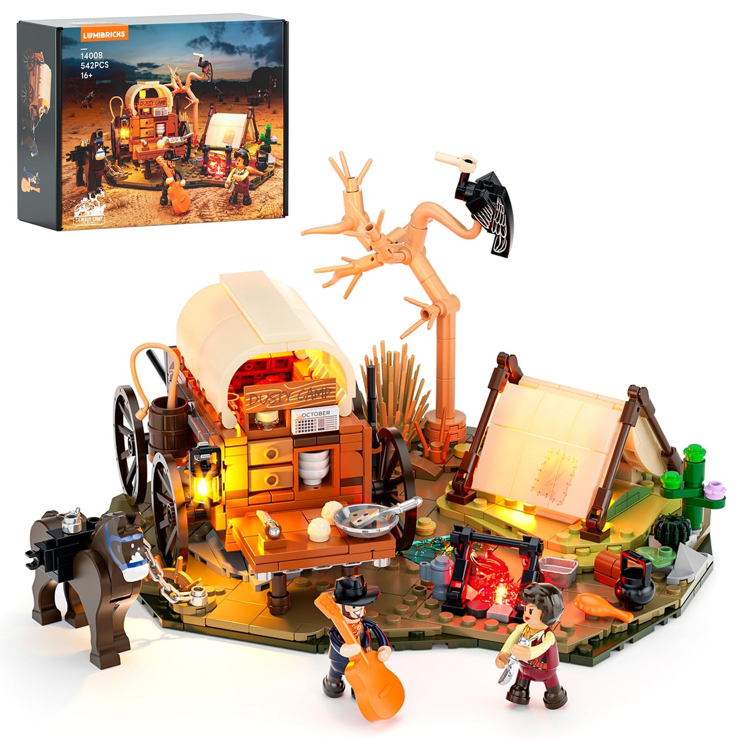 Lumibricks Cowboy Camp Lighting Set – Old West Shelter with Covered Wagon & Horse (542 Pcs)