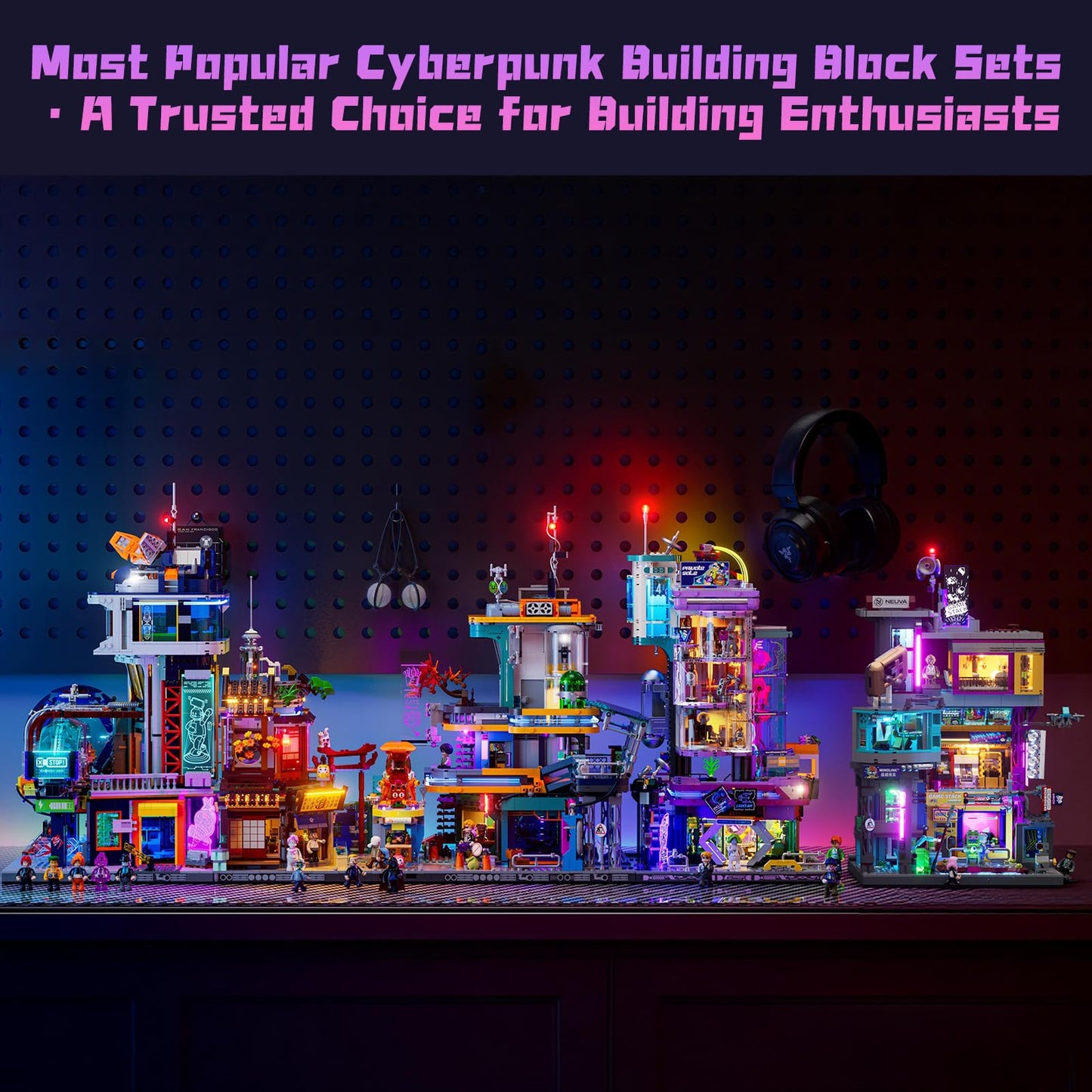 Lumibricks Cyber Couture Galleria Building Set with Light Kit – 2701 Pcs, Futuristic Neon City