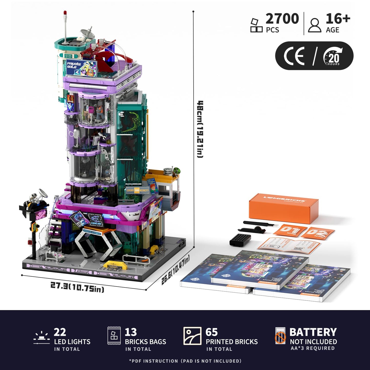Lumibricks Cyber Couture Galleria Building Set with Light Kit – 2701 Pcs, Futuristic Neon City