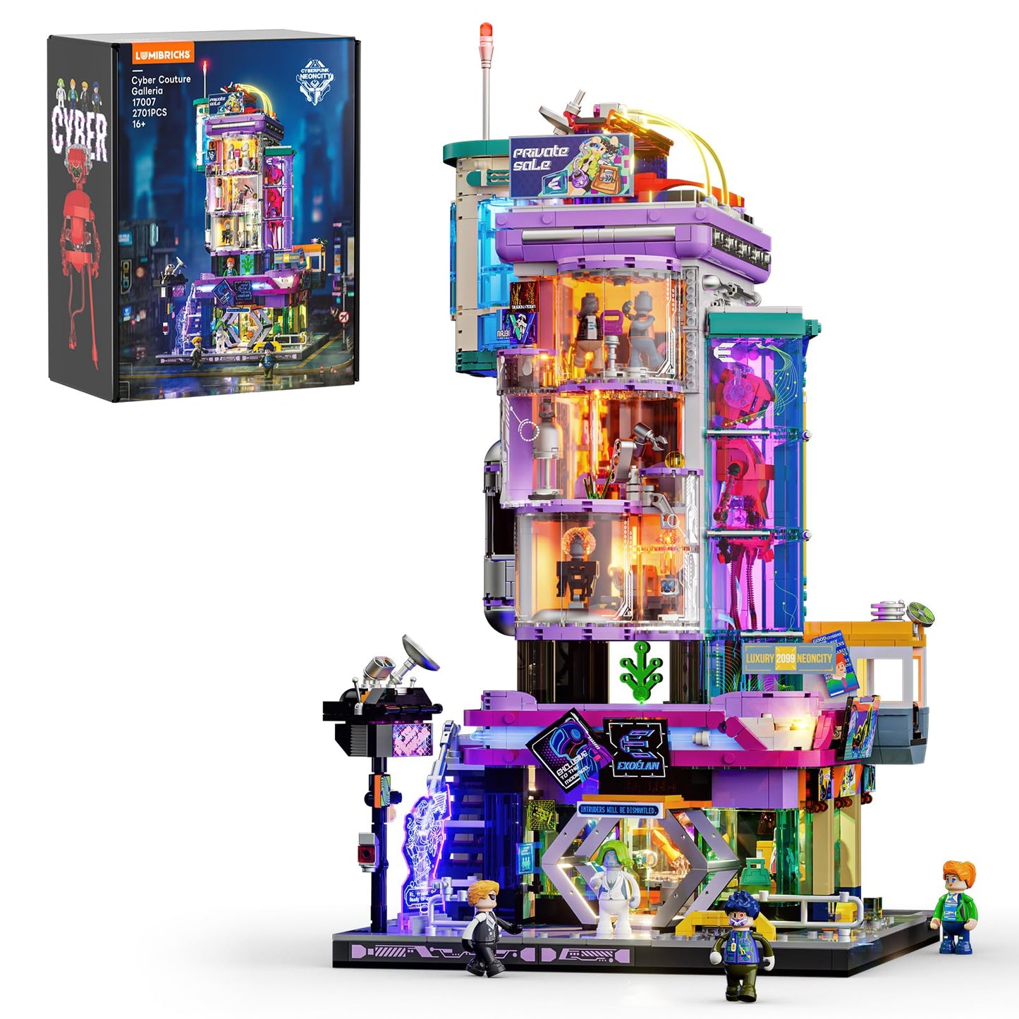 Lumibricks Cyber Couture Galleria Building Set with Light Kit – 2701 Pcs, Futuristic Neon City