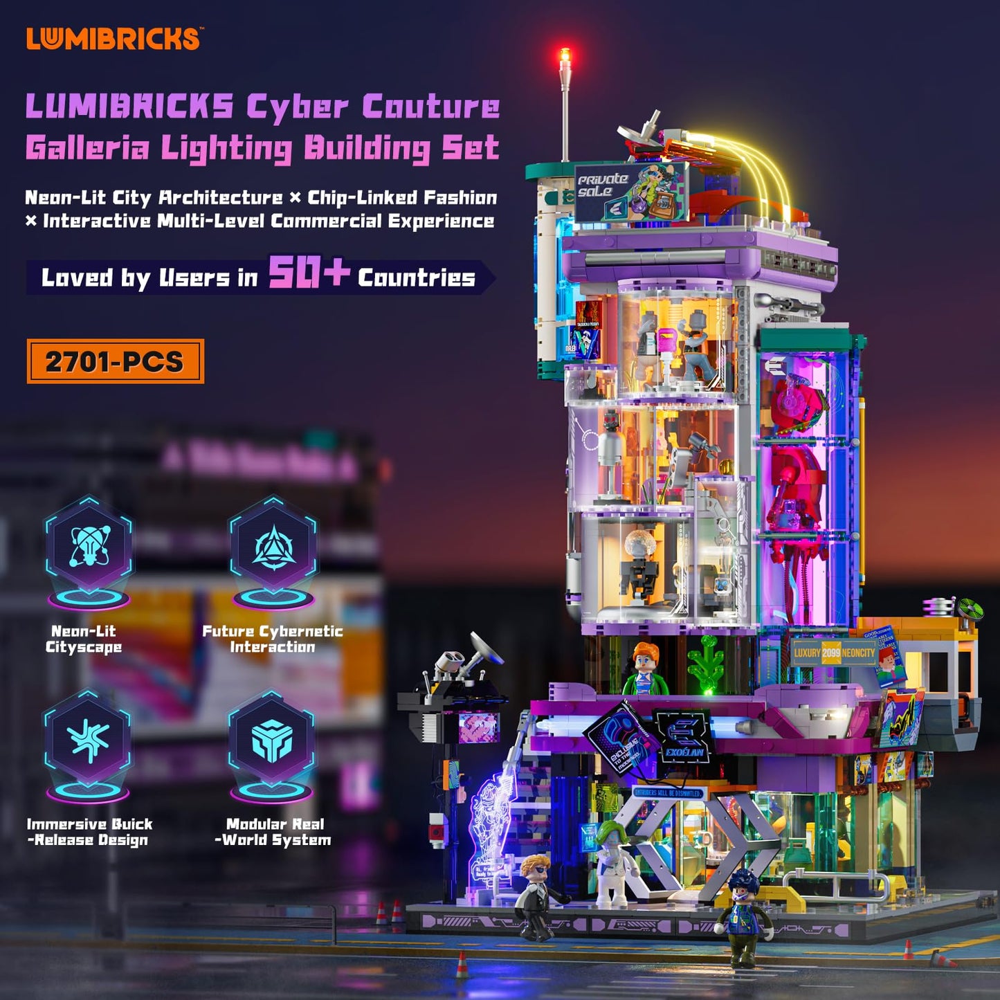 Lumibricks Cyber Couture Galleria Building Set with Light Kit – 2701 Pcs, Futuristic Neon City