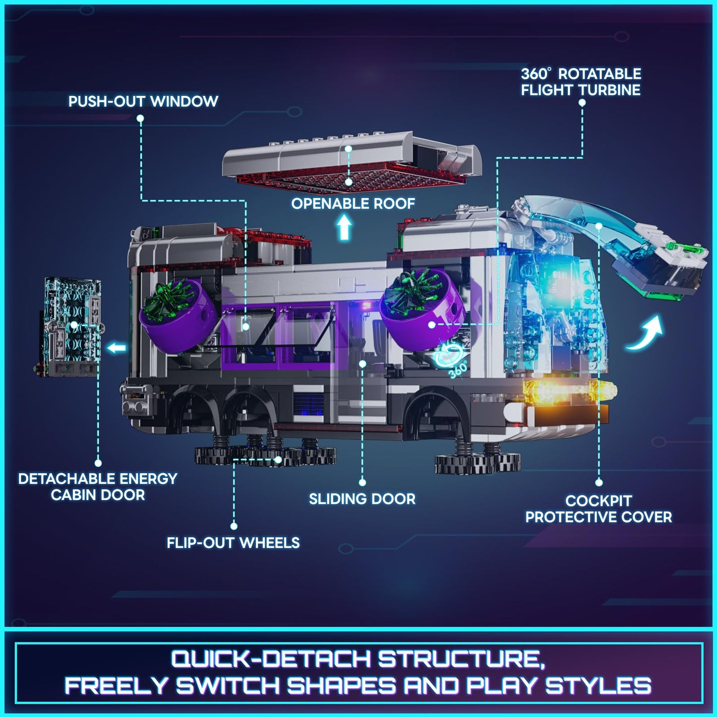 Lumibricks Cyberpunk Future-Bus Lighting-Building Bricks Set – 605 Pcs, 2-in-1 Car Model with LED Lights