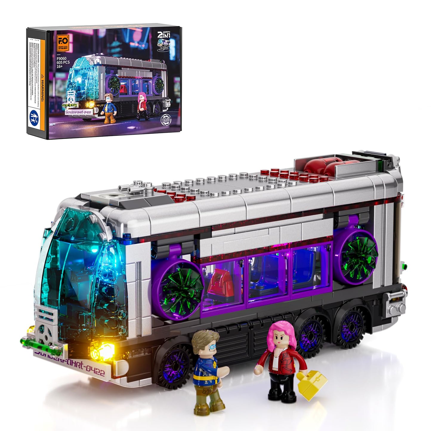 Lumibricks Cyberpunk Future-Bus Lighting-Building Bricks Set – 605 Pcs, 2-in-1 Car Model with LED Lights