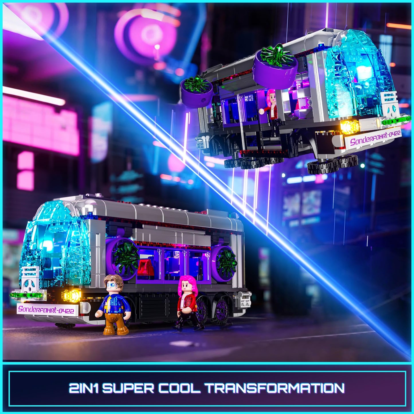 Lumibricks Cyberpunk Future-Bus Lighting-Building Bricks Set – 605 Pcs, 2-in-1 Car Model with LED Lights