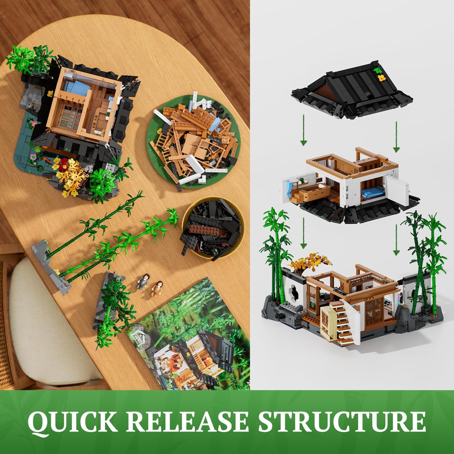 Lumibricks Bamboo-House Lighting Building-Bricks Set | Retro Chinese Cabin & Treehouse LED Kit (2432 pcs)
