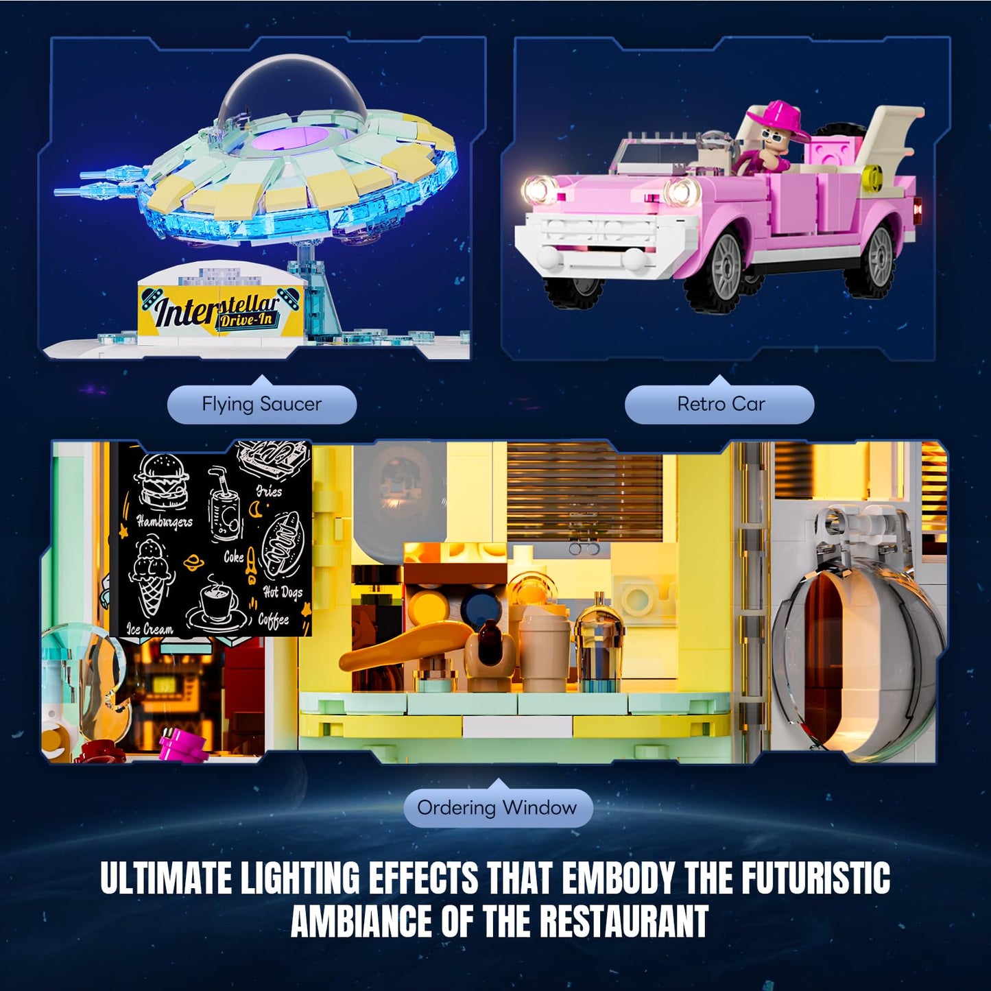 Lumibricks Interstellar Diner Lighting-Building Bricks City Set – 2,188 Pcs, LED Space Car Restaurant