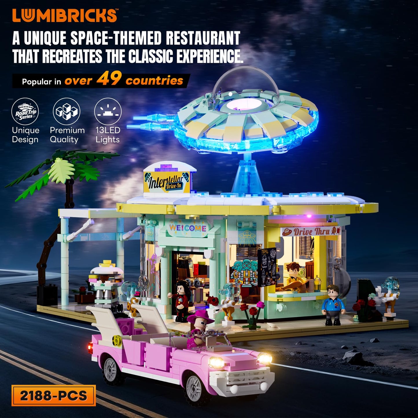 Lumibricks Interstellar Diner Lighting-Building Bricks City Set – 2,188 Pcs, LED Space Car Restaurant