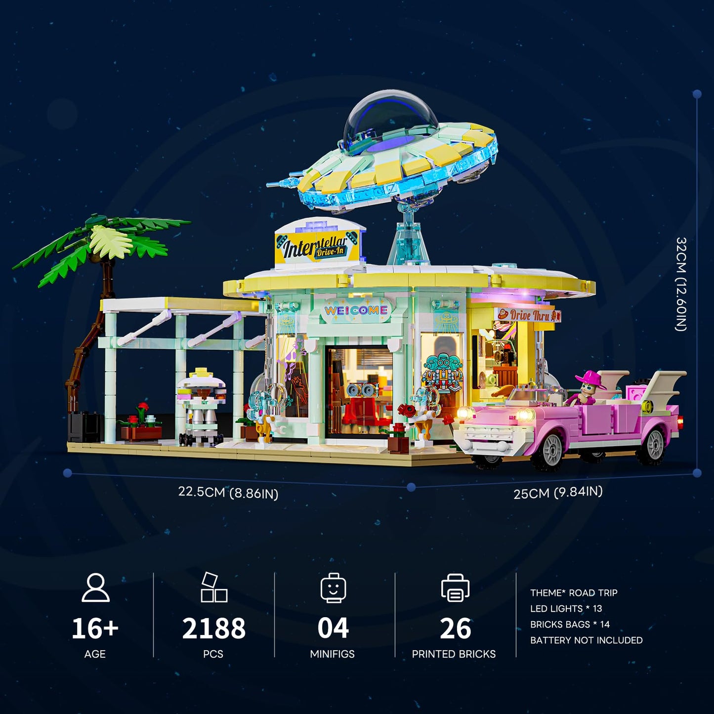 Lumibricks Interstellar Diner Lighting-Building Bricks City Set – 2,188 Pcs, LED Space Car Restaurant