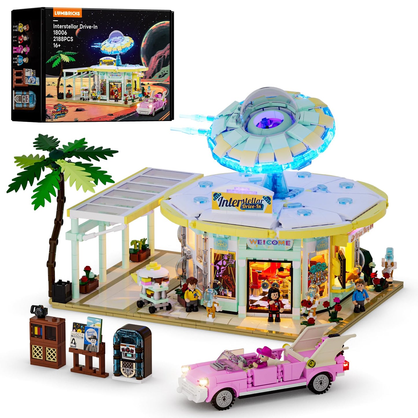 Lumibricks Interstellar Diner Lighting-Building Bricks City Set – 2,188 Pcs, LED Space Car Restaurant