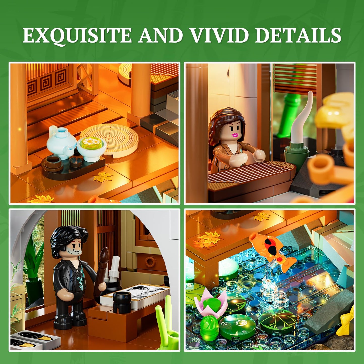 Lumibricks Bamboo-House Lighting Building-Bricks Set | Retro Chinese Cabin & Treehouse LED Kit (2432 pcs)