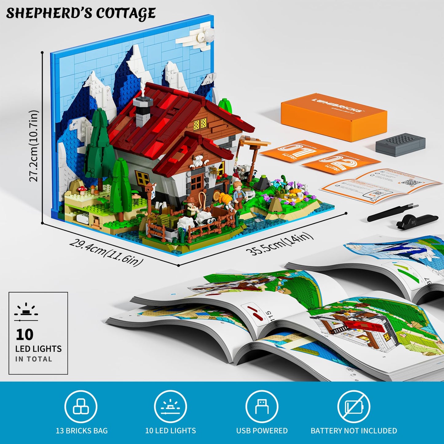 Lumibricks Farm Shepherd's-Cottage Lighting Building-Bricks Set | Alpine Sheep Farm LED Display (2265 Pcs)