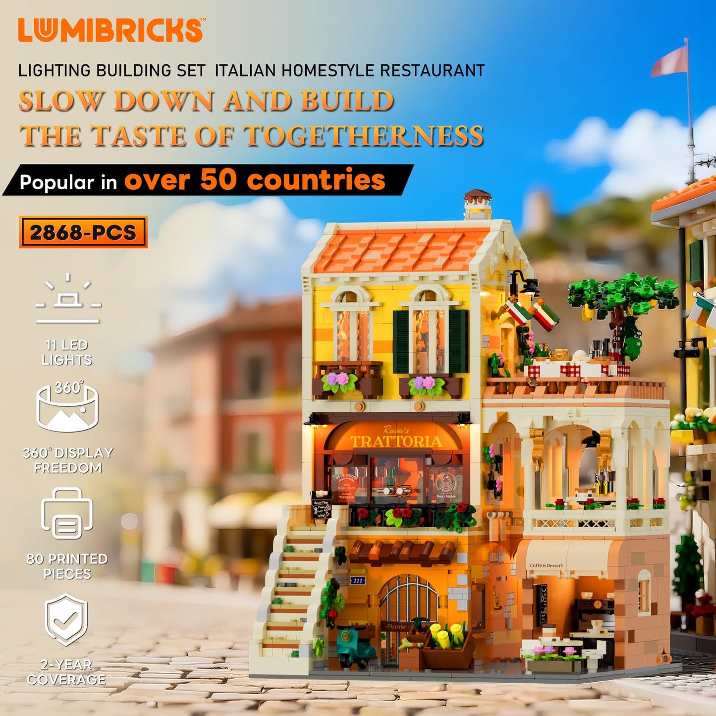 Lumibricks Italian Trattoria Lighting Set – 2868-Piece City Town Modular Build Kit