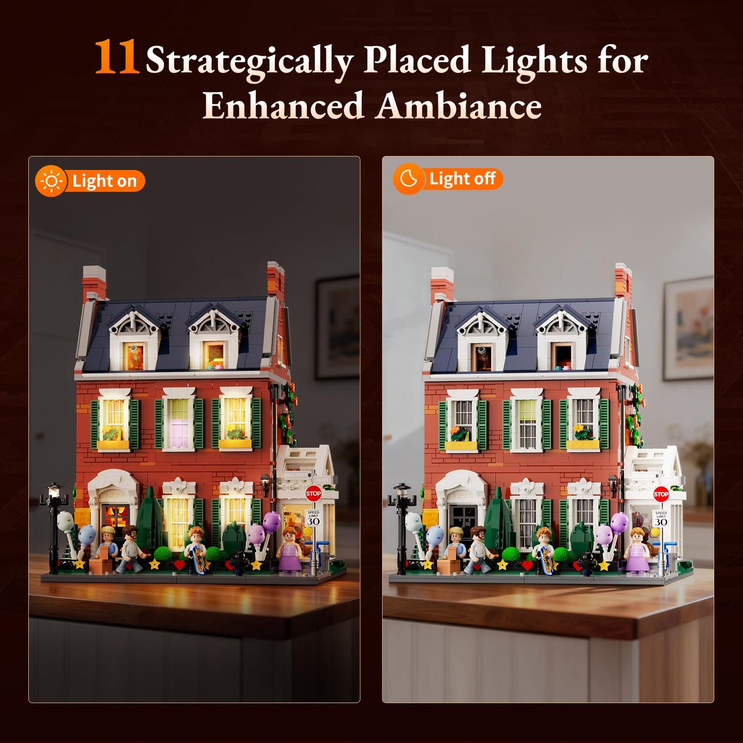 Lumibricks Redbrick Row House Lighting Set – 2,663 Bricks, LED City Town Modular Building Kit